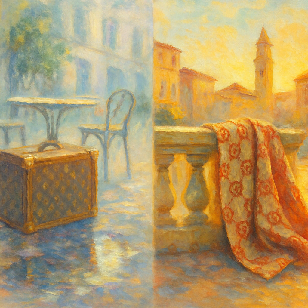 Een Monet-stijl schilderij dat de culturele en esthetische verschillen tussen Gucci en Louis Vuitton verbeeldt, met aan de linkerzijde een kalme Franse scène en aan de rechterzijde een levendige Italiaanse sfeer, beide met subtiele patroonhints en sfeervolle lichtval.