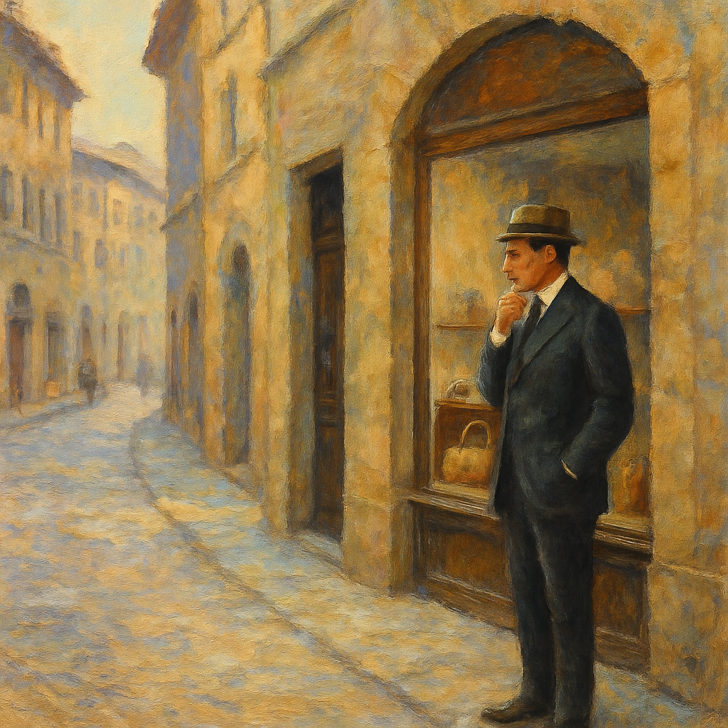 Een Monet-achtig schilderij van Guccio Gucci die voor zijn eerste, elegante lederwarenwinkel in Florence staat in 1921, met ambachtelijke reisartikelen in de etalage.