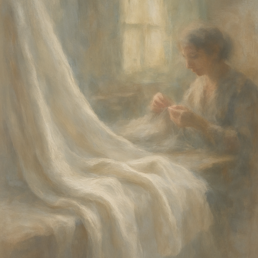 Een Monet-achtig schilderij van zacht gedrapeerde stof, met op de achtergrond de subtiel afgebeelde, vaag zichtbare handen van een ambachtsman die fijne details aanbrengt, wat vakmanschap en erfgoed symboliseert.