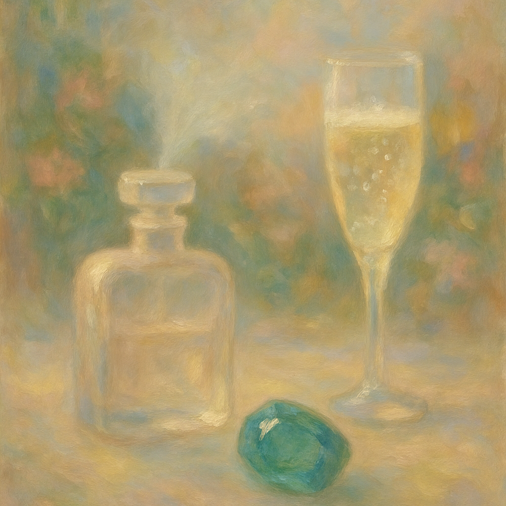 Een Monet-stijl schilderij van een parfumflesje dat mist uitstoot, een fonkelende edelsteen, en een glas champagne met bubbels, alles in zachte kleuren en etherische penseelstreken.