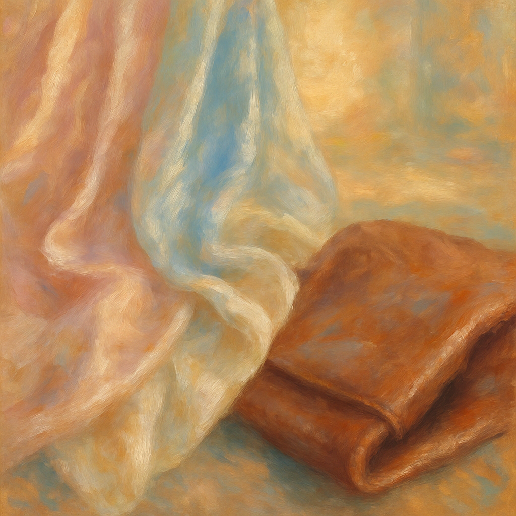 Een Monet-stijl schilderij toont zachte, golvende zijden stoffen in pastelkleuren naast een stuk robuust, bruin leder. De texturen zijn gedetailleerd met zichtbare kwaststreken onder diffuus licht.