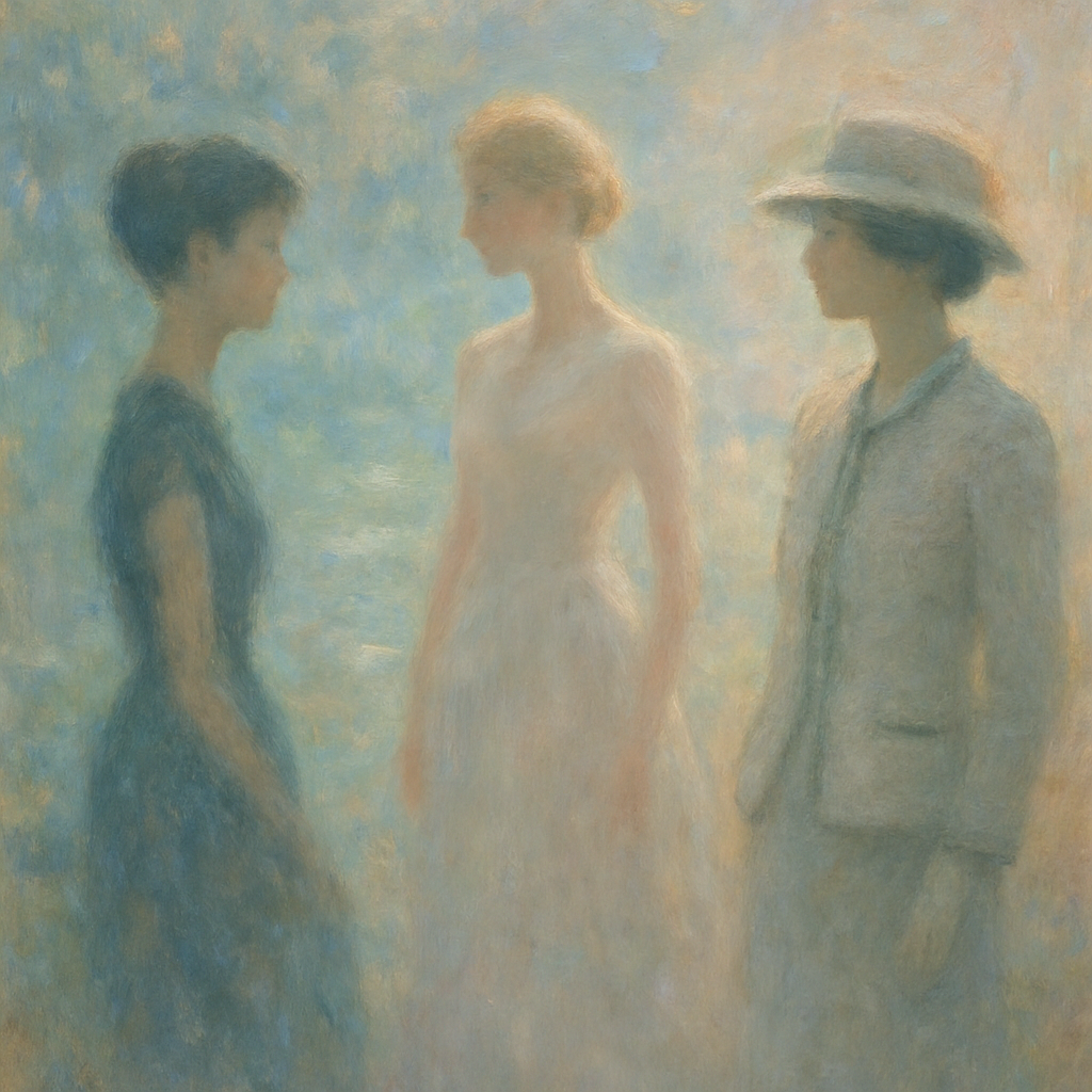 Een Monet-achtig schilderij van drie vaag afgebeelde vrouwelijke figuren, die de essentie van Audrey Hepburn, Grace Kelly en Coco Chanel oproepen. Ze zijn elegant en tijdloos gekleed in hun kenmerkende stijlen, vervaagd in een zachte, dromerige achtergrond van impressionistische kleuren en texturen.