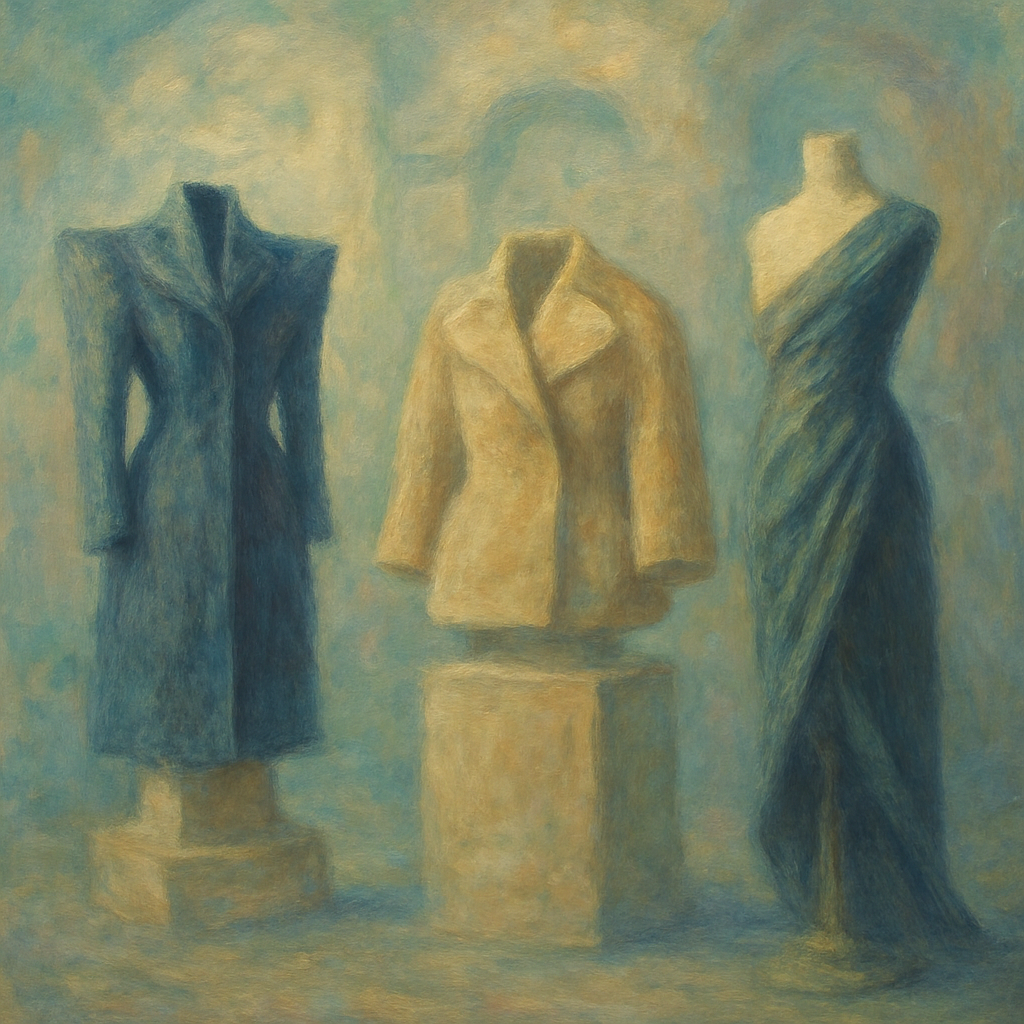 Een Monet-stijl schilderij van twee of drie avant-garde haute couture kledingstukken, met architecturale vormen, tentoongesteld in een zacht verlichte ruimte die een museum of atelier suggereert, met op de achtergrond wazige artistieke invloeden.
