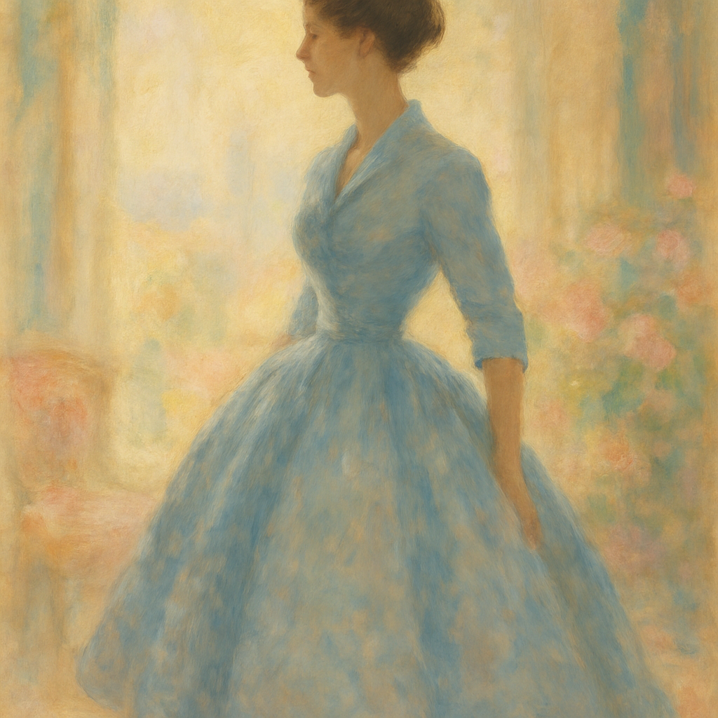 Een Monet-achtig schilderij van een vrouw uit de jaren 50 in een elegante 'New Look' jurk met een volle rok en smalle taille, staand in een zacht verlichte, dromerige setting die luxe en hoop uitstraalt.