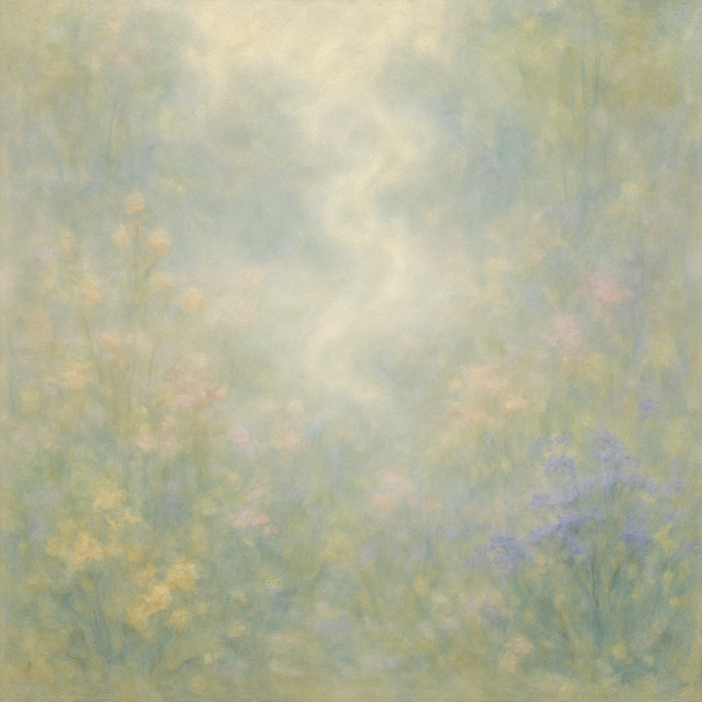 Een impressionistisch schilderij in Monet-stijl van een mistige tuin, waar zachte pastelkleuren en vage vormen een gevoel van harmonie en verfijnde luxe creëren, met een doorschijnende nevel die de 'sillage' van geur voorstelt.