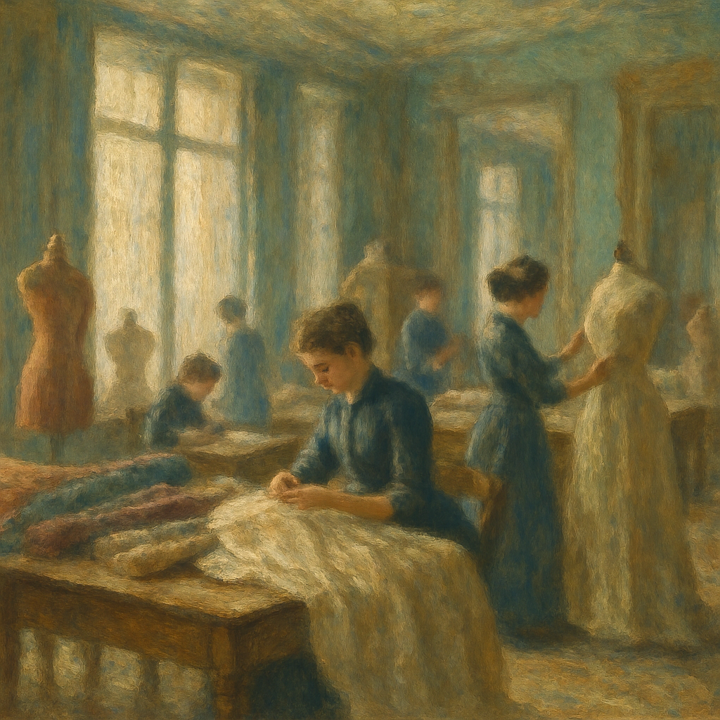 Een Monet-achtig schilderij van een elegant, historisch Parijs mode-atelier met naaisters die werken aan luxe stoffen, omgeven door ontwerpen en textiel, weergevend ambacht en kunstzinnige creatie.