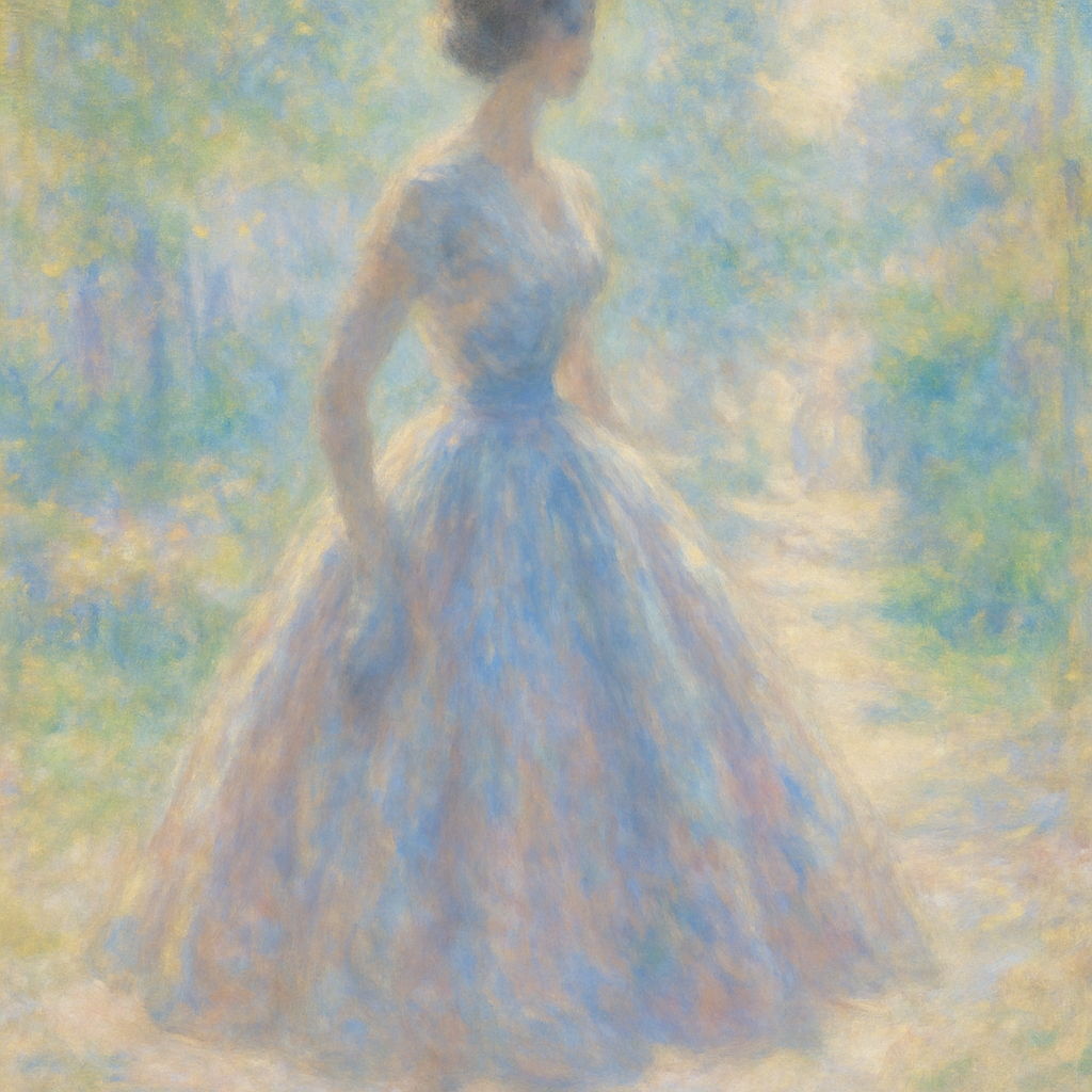 Een impressionistisch schilderij in Monet-stijl van een elegante figuur in een klassieke jaren 50 couturejurk, met een volle rok en een slanke taille, afgebeeld in zachte pasteltinten te midden van een dromerige, lichte omgeving.