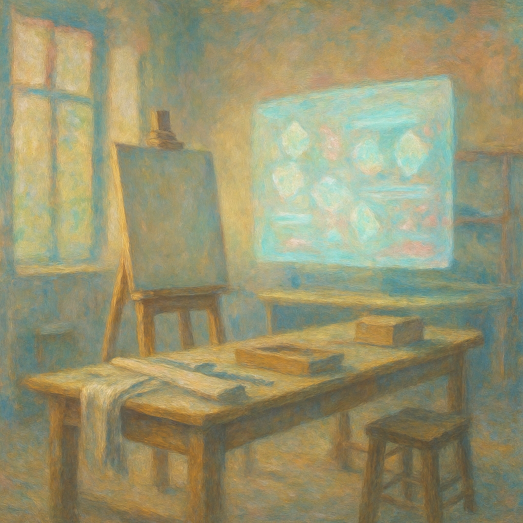 Een Monet-achtig schilderij van een futuristisch atelier waar traditioneel handwerk samensmelt met digitale technologie en duurzame elementen, met zacht, warm licht.