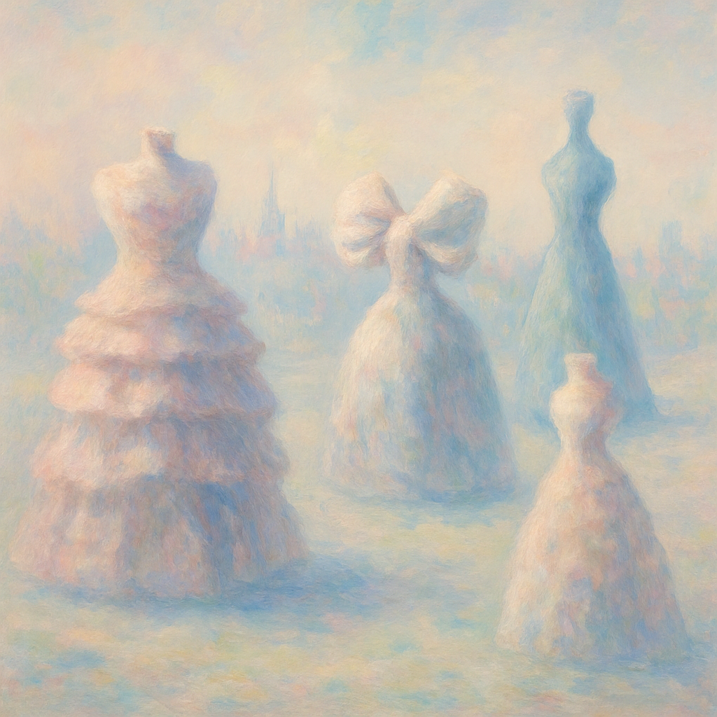 Een Monet-achtig schilderij van dromerige, abstracte sculpturale vormen die lijken op Viktor & Rolf's haute couture jurken, zwevend in een zachtgekleurde museumachtige ruimte met een vage achtergrond van een stad.