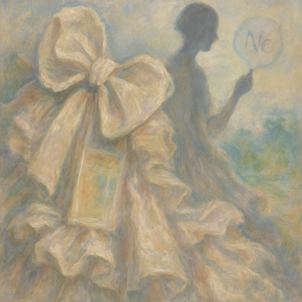 Een impressionistisch schilderij in Monet-stijl van een etherische figuur omhuld door pastelkleurige, overdreven strikken en ruches. Op de achtergrond vervagen penseelstreken die doen denken aan schildersdoeken. De scène symboliseert de conceptuele en humoristische benadering van Viktor & Rolf in hun couture.