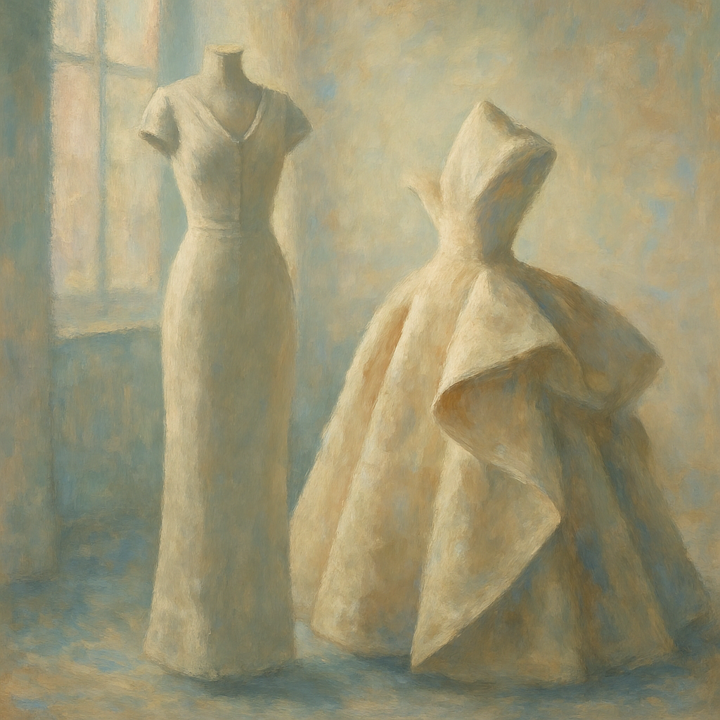 Een Monet-achtig schilderij van twee elegante haute couture jurken uit de jaren '40-'60, mogelijk een gestructureerde Charles James jurk en een verfijnde Mainbocher creatie, subtiel weergegeven in een atelier-achtige setting.