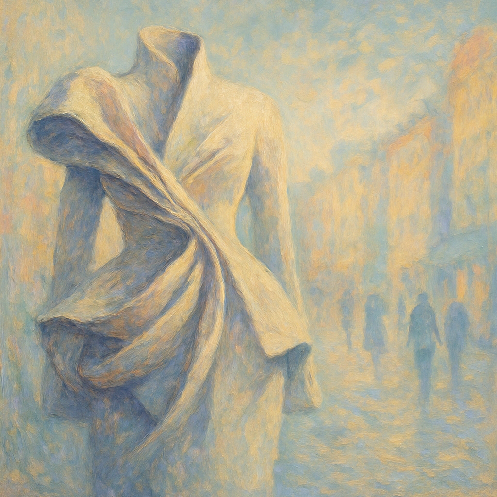 Een Monet-stijl schilderij toont de abstracte, sculpturale vormen van haute couture die geleidelijk overgaan in eenvoudigere, mainstream mode-silhouetten tegen de achtergrond van een impressionistisch stadslandschap, wat de culturele impact en evolutie van mode symboliseert.