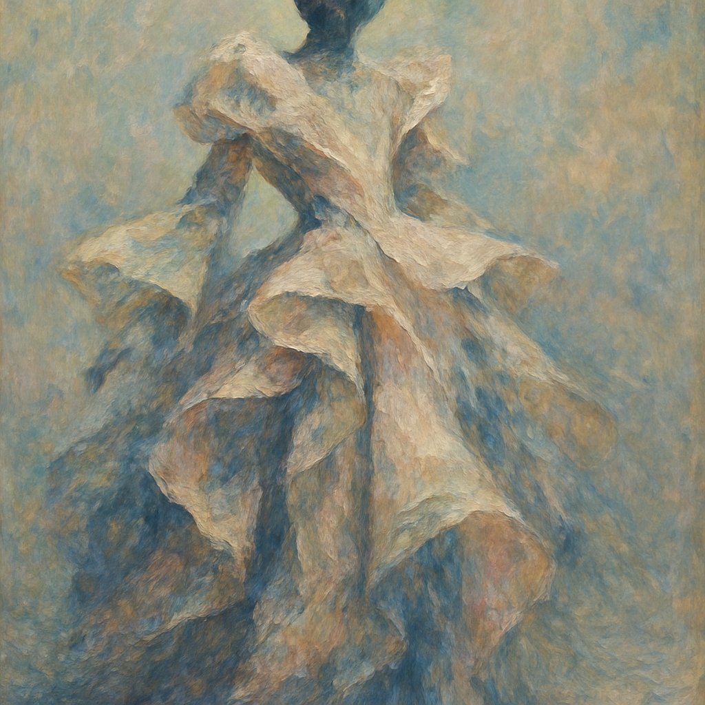 Monet-stijl schilderij van een avant-garde haute couture jurk met gedeconstrueerde vormen en innovatieve materialen, licht en schaduw benadrukken de artistieke details tegen een zachte, abstracte achtergrond.