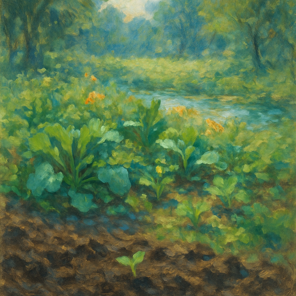 Een Monet-achtig schilderij van een weelderige tuin, met focus op donkere, rijke aarde en subtiel ontkiemende planten, badend in zacht zonlicht, dat de natuurlijke kringloop en vruchtbaarheid van biologische bemesting uitbeeldt.