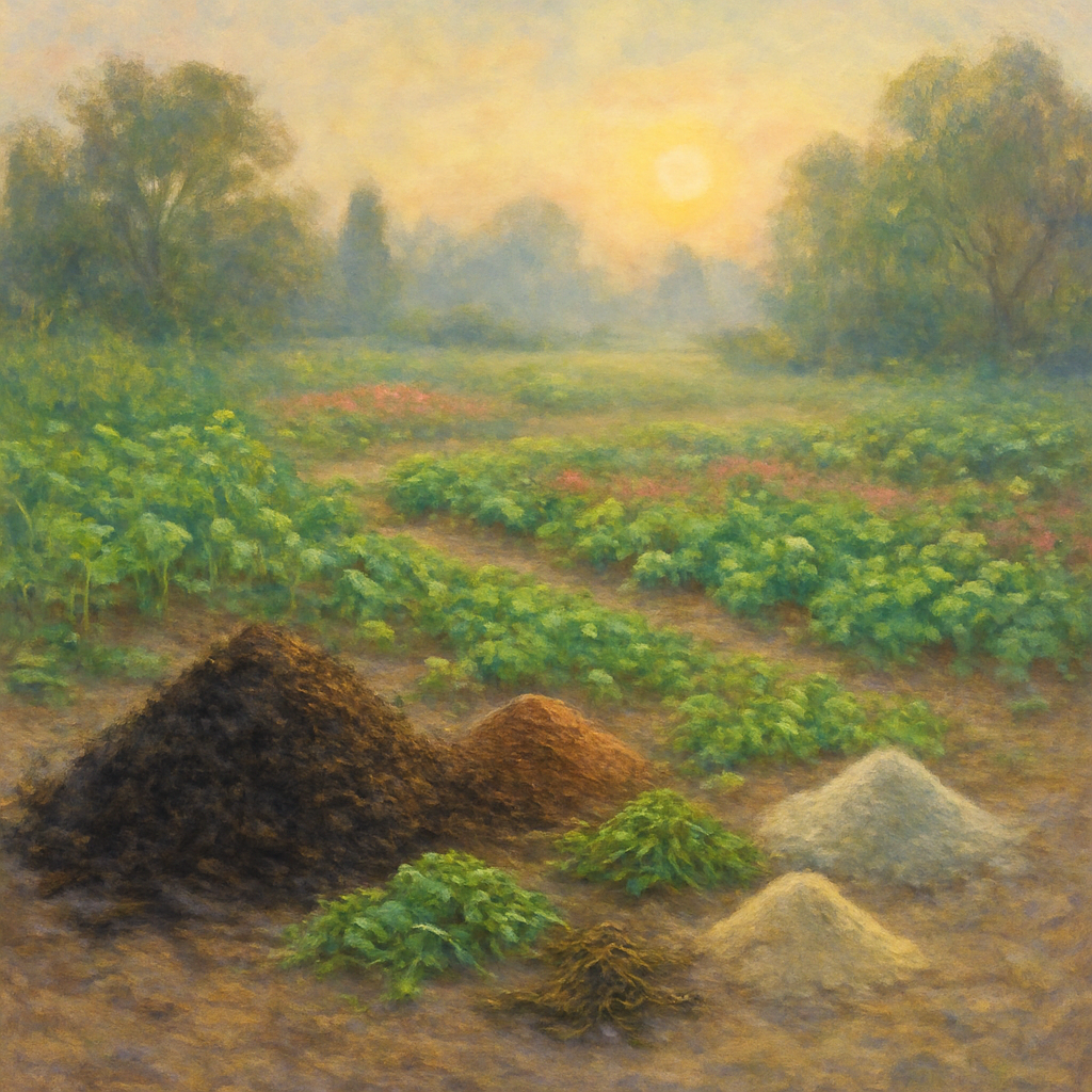 Een Monet-stijl schilderij van een biologische tuin bij zonsopgang, met op de voorgrond compost, wormenmest, dierlijke mest, groenbemesting, zeewier en minerale poeders, alles samenvattend de natuurlijke kringloop.