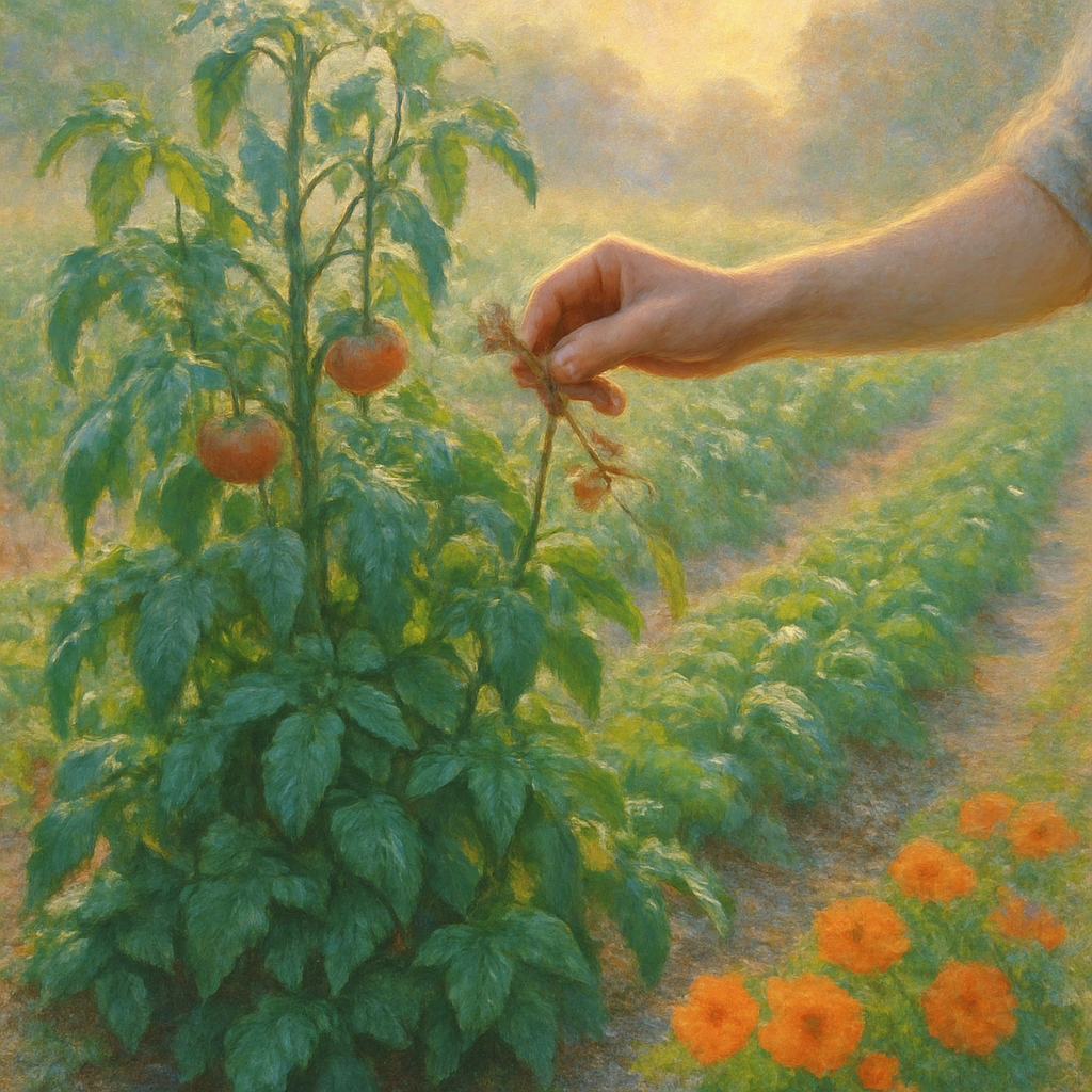 Een Monet-achtig schilderij van een biologische moestuin in het vroege ochtendlicht, met *heirloom* planten zoals tomaten met basilicum en Oost-Indische kers, en een hand die zaden verzamelt. De sfeer is rustig en natuurlijk.