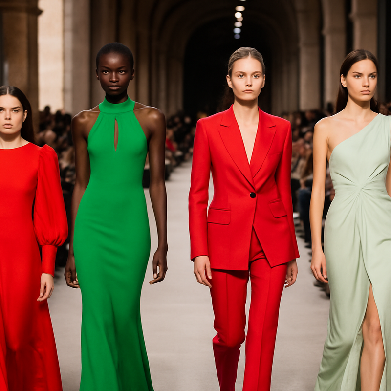 Modellen lopen op de catwalk tijdens Paris Fashion Week SS26 met uitgesproken kleuren en luxe outfits.