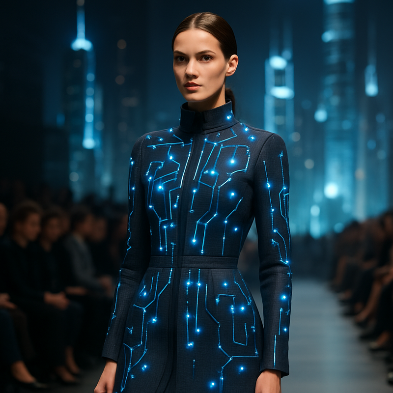 Model op de catwalk met slimme textiel en digitale mode, futuristische uitstraling
