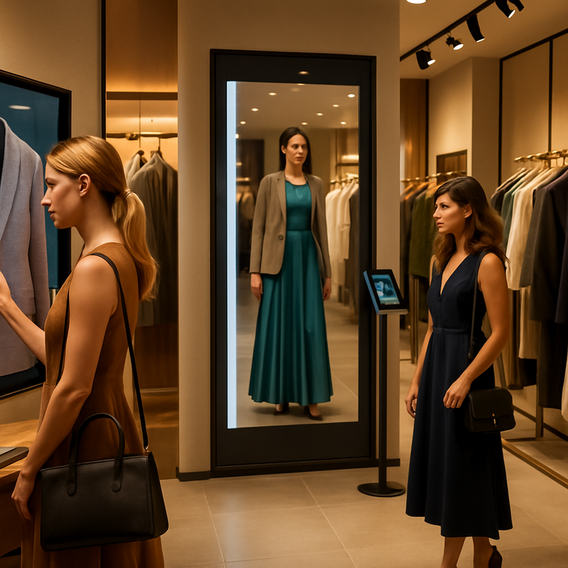 Moderne luxe modewinkel in Nederland met digitale paskamers en duurzame haute couture kleding.