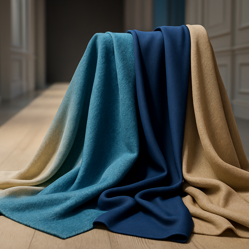 Close-up van duurzame haute couture stoffen met een mix van wol en gerecycled polyester in blauwe en beige tinten