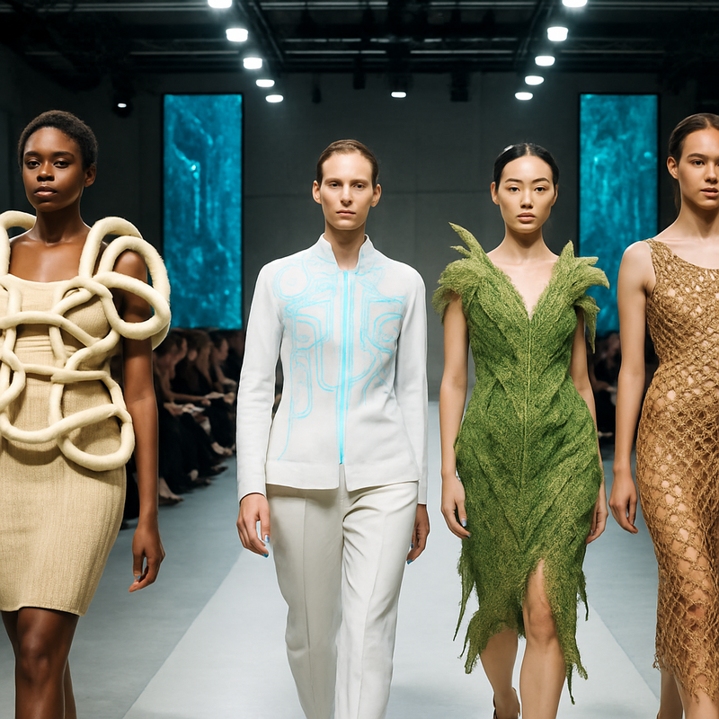 Modellen op een runway in Amsterdam dragen duurzame en digitale modeontwerpen van luxe merken.