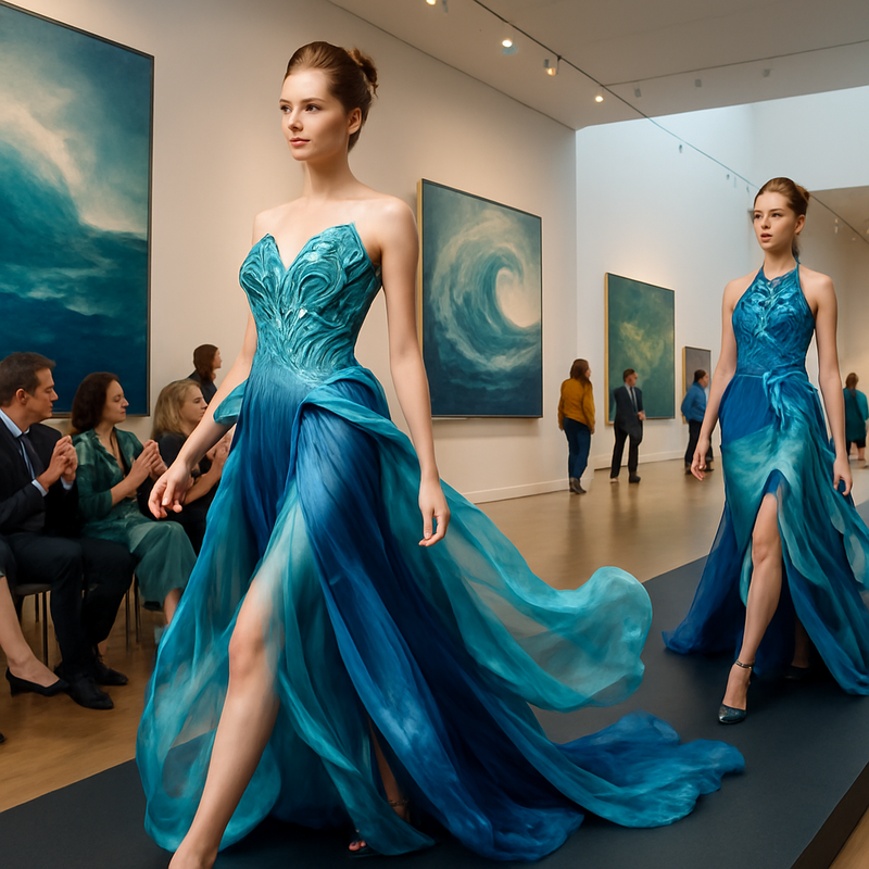 Modellen op een catwalk met maritiem geïnspireerde haute couture, in museumomgeving met bezoekers.
