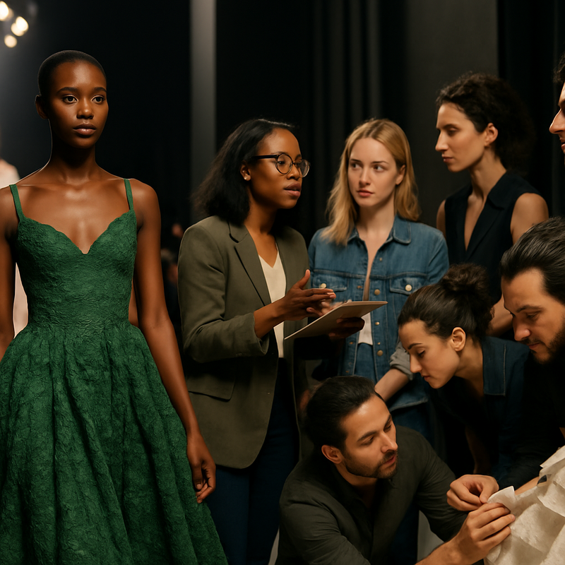 Modellen op een runway in duurzame luxe haute couture met diverse creatieve directors backstage