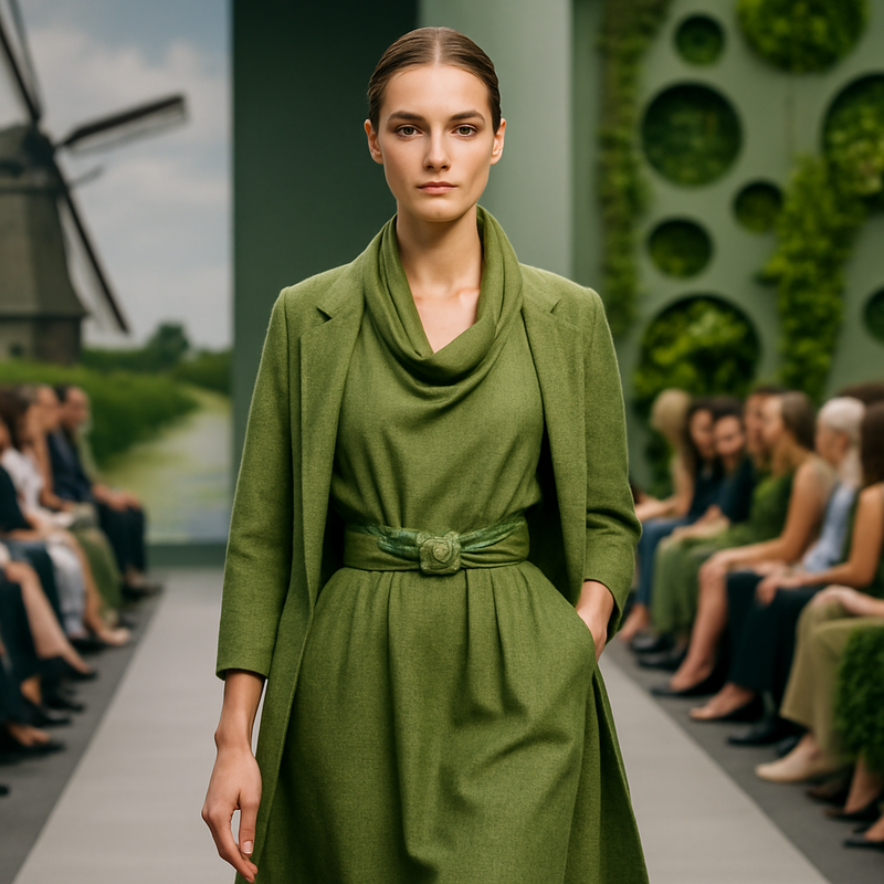 Vrouw in duurzame haute couture kleding op Nederlandse runway
