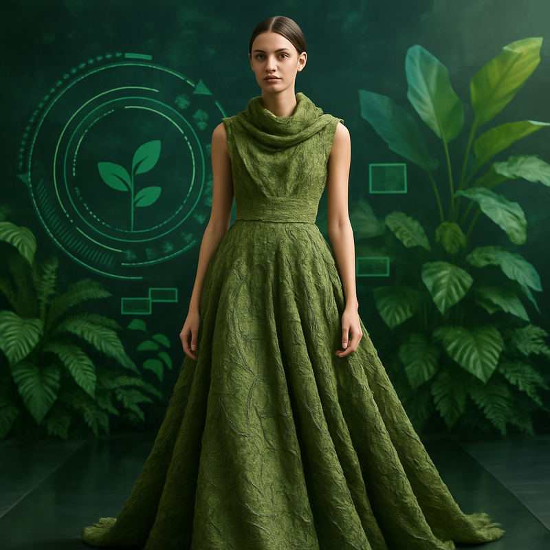 Haute couture outfit gemaakt van duurzame materialen op de runway met ecologische en technologische accenten.