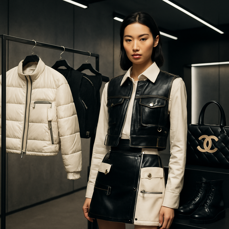 Modulaire modecollectie met metalen accenten in een moderne winkelomgeving, representatief voor luxe samenwerkingen.