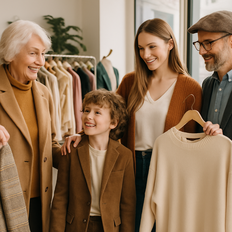 Multigeneratie gezin winkelt in een boetiek met een mix van vintage en moderne kleding
