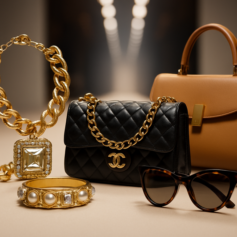 High-end accessoires zoals sieraden, designer tassen en brillen prominent uitgelicht op een haute couture runway