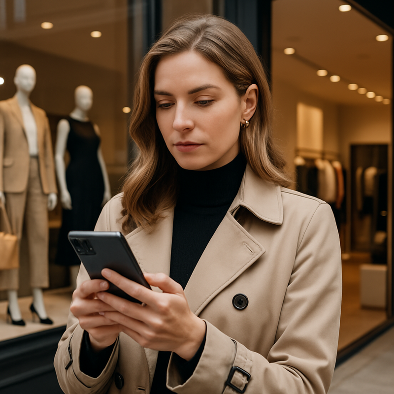 Vrouw bekijkt luxe mode op smartphone naast luxe boetiek