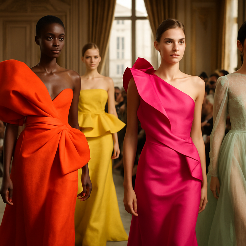 Runway model in avant-garde haute couture met felle kleuren en romantische stoffen tijdens Parijse modeweek SS26