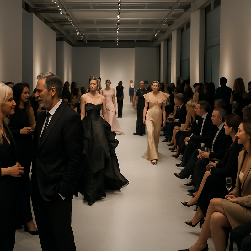 Hoge mode runway met publiek en avant-garde couture in een modern expositiegebouw