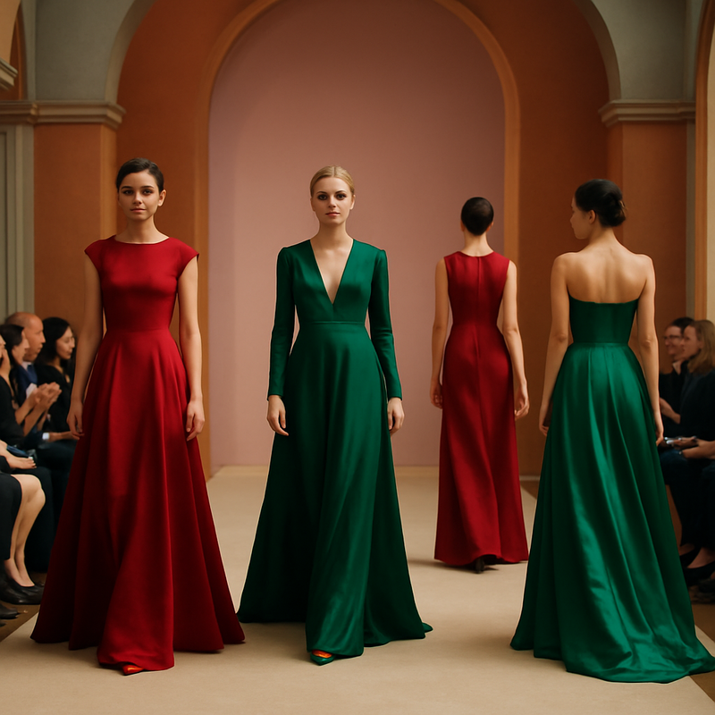 Haute couture modellen in diepe rode en smaragdgroene kleuren op luxueuze runway