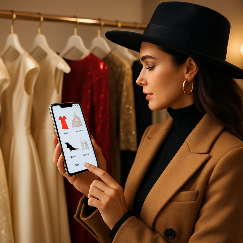 Vrouw die luxe mode online bekijkt op smartphone in een haute couture winkel