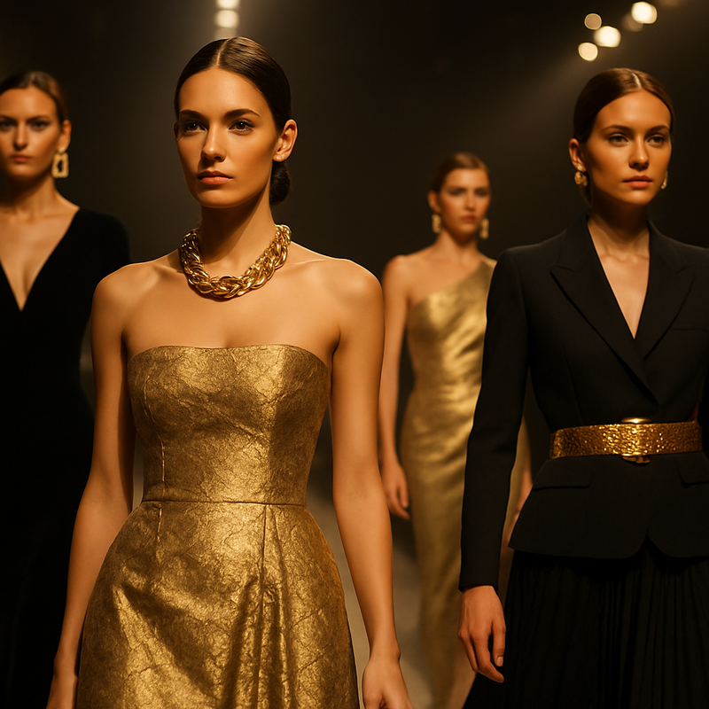 Model op een haute couture catwalk met gouden accessoires en elegante outfits