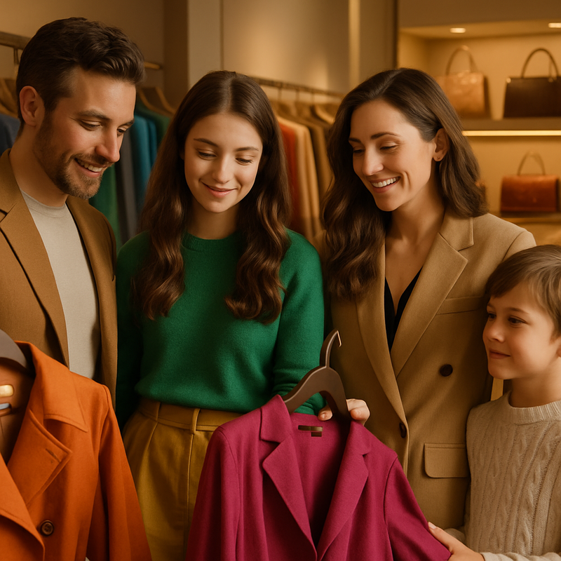 Familie die samen luxe kleding kiest in een stijlvolle boetiek, benadrukt zelfvertrouwen en bewuste modekeuzes.