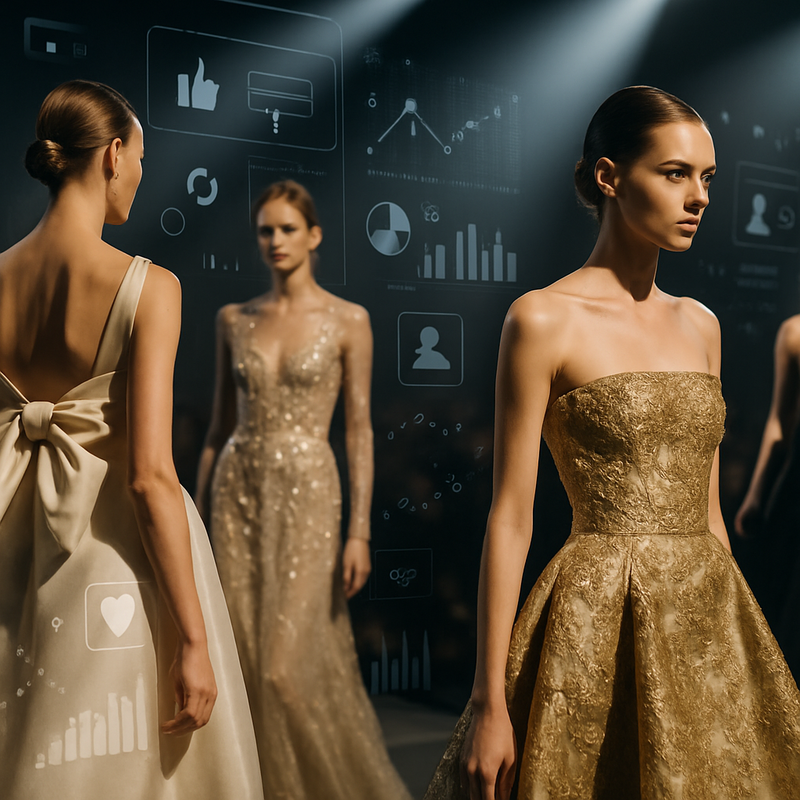 Haute couture modellen op de catwalk met digitale social media iconen en datavisualisaties