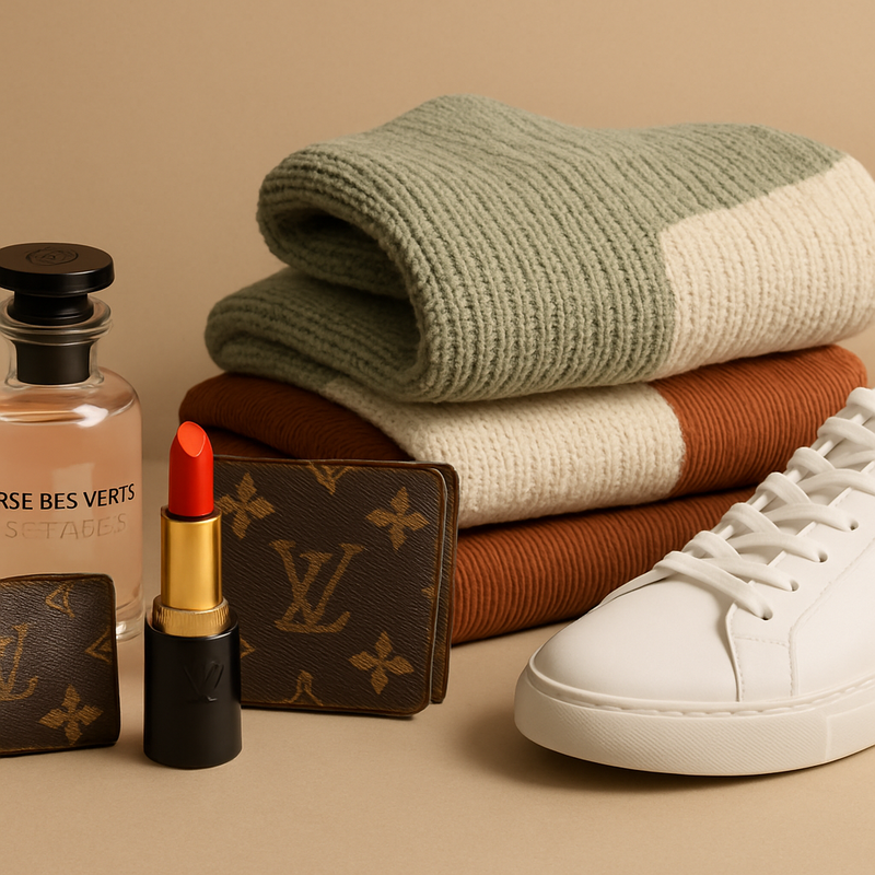 Luxury fashion and beauty products arranged stylishly symbolizing modern personal finance in luxury spending