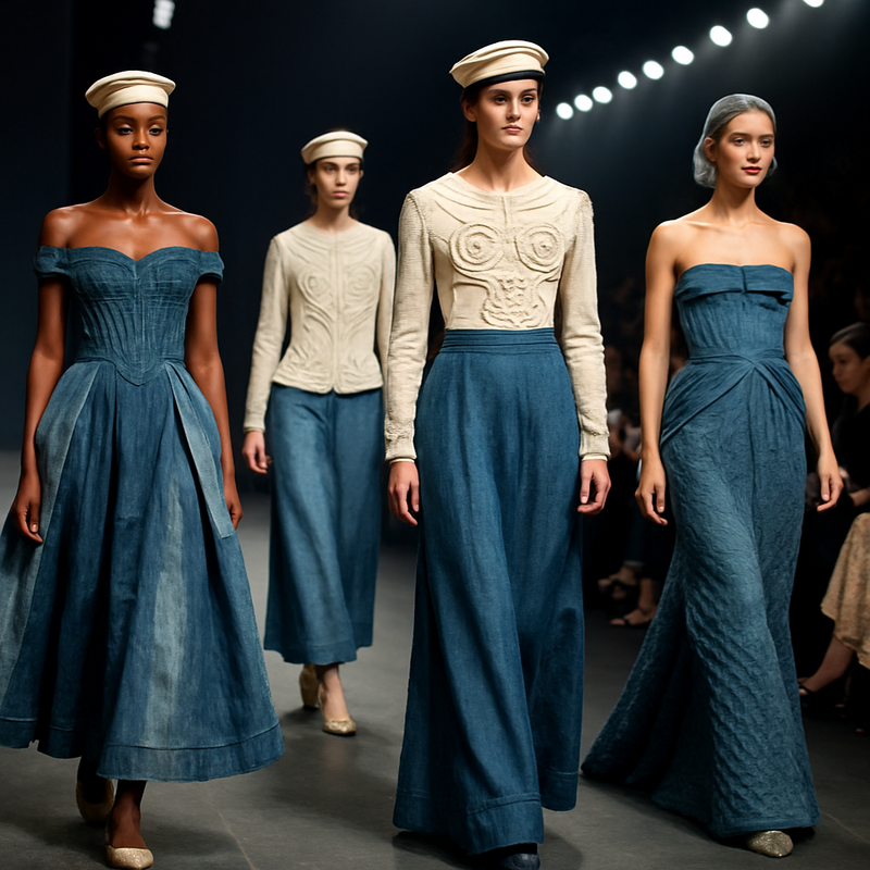 Modellen op de catwalk dragen duurzame streetwear-geïnspireerde haute couture tijdens fashion show.