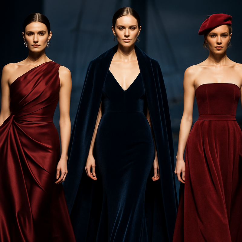 Modellen op een haute couture catwalk met kleding in bordeauxrood en donkerblauw, rijke stoffen en maritieme accenten