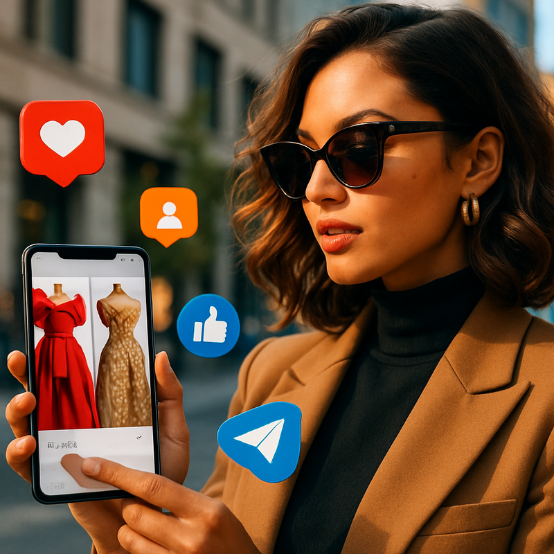 Een mode-influencer die luxe couture online shopt via social media op haar smartphone