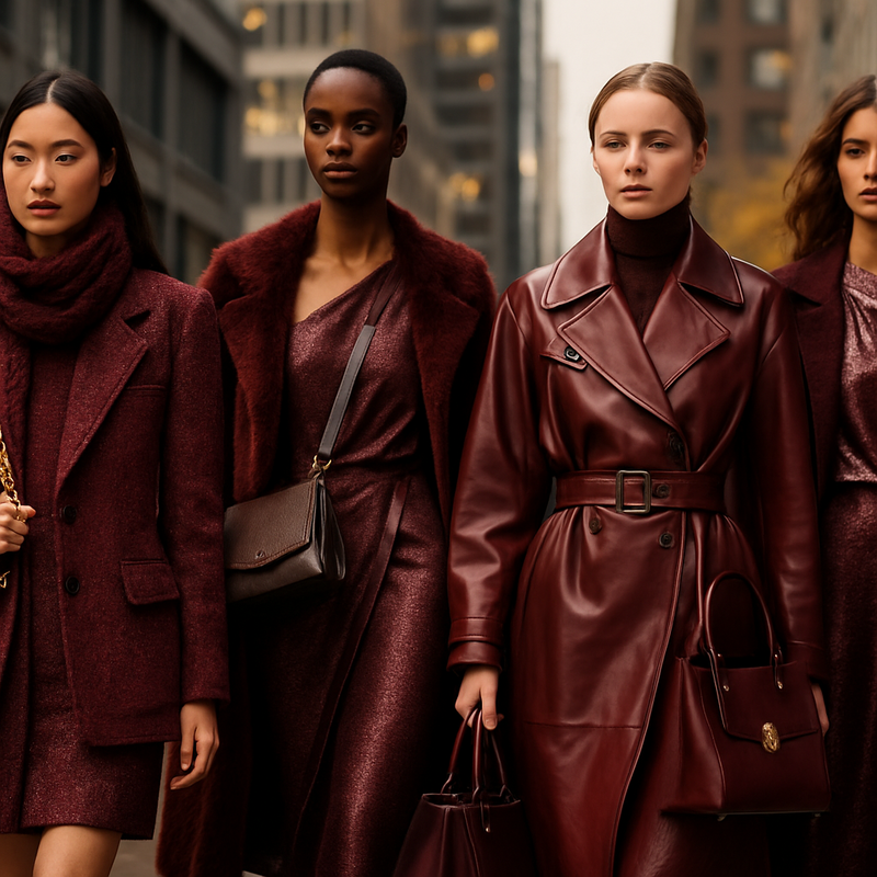 Modellen op de catwalk met bordeauxrode en metallic outfits en twee tassen per model.