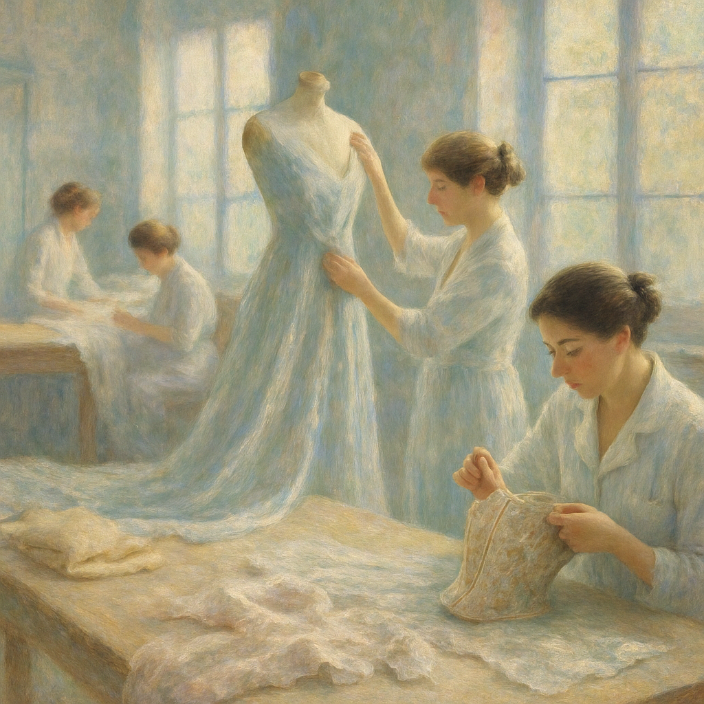 Monet-achtig schilderij van een rustig Dior haute couture atelier, met ambachtslieden die werken aan luxe stoffen zoals zijde en kant, handborduurwerk en draperieën creëren in zacht licht.