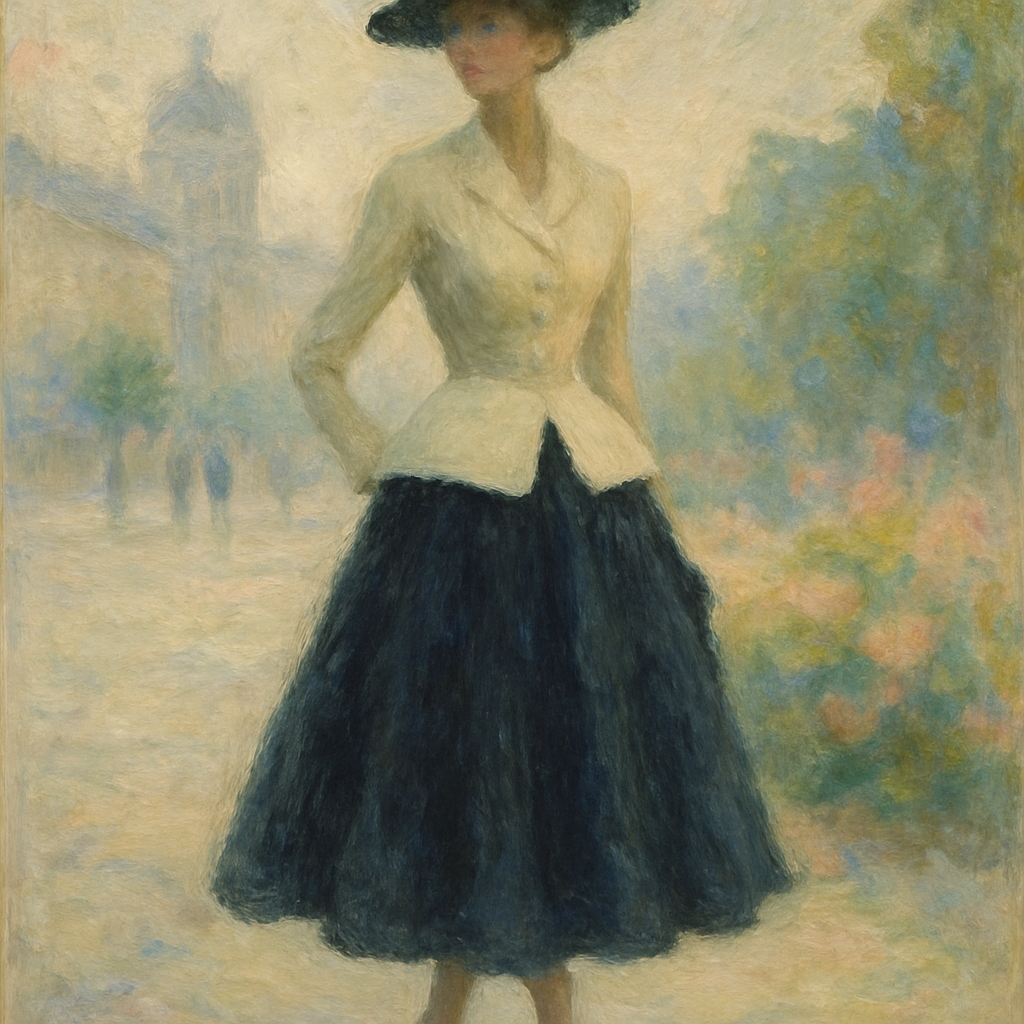 Een Monet-achtig schilderij van een vrouw in de 'Bar Suit' van Dior's New Look uit 1947. Ze heeft een strakke taille en een volle rok, staand tegen een zachte, impressionistische achtergrond van Parijse straten.