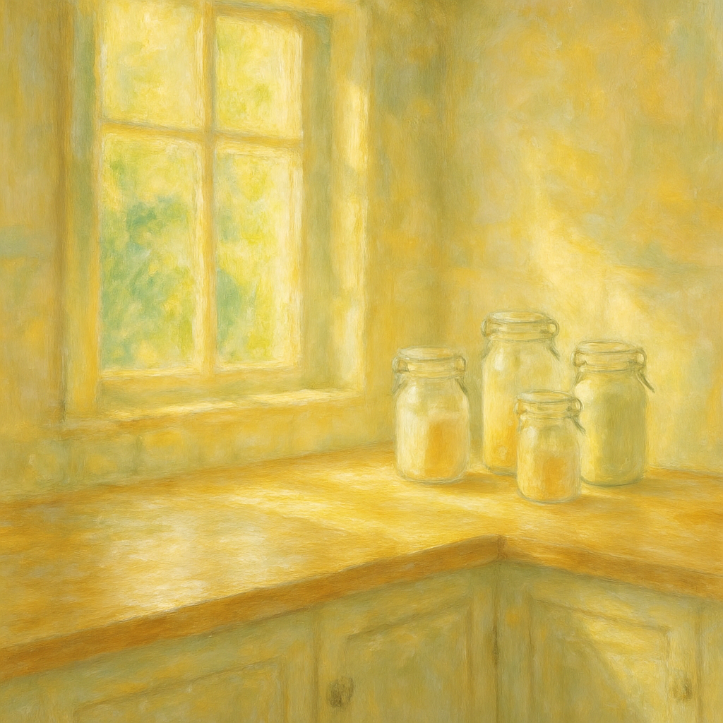 Een Monet-stijl schilderij van een heldere, opgeruimde keuken. Zonlicht valt op een houten aanrecht met enkele luchtdichte glazen potten. De sfeer is vredig en schoon.