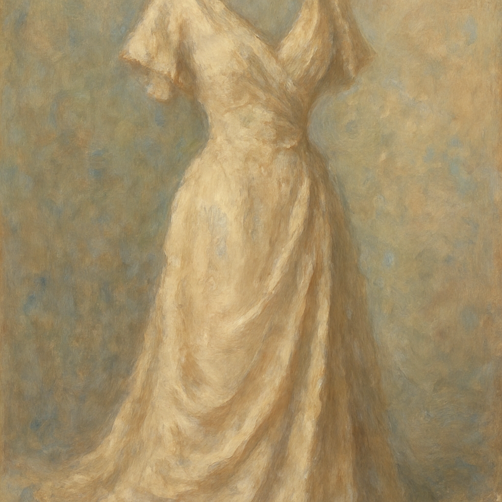 Een impressionistisch schilderij in Monet-stijl van een elegant gedrapeerde vintage avondjurk. De jurk toont fijne details en een rijke stoftextuur in zachte, nostalgische kleuren, wat de precisie van couture-vakmanschap benadrukt.