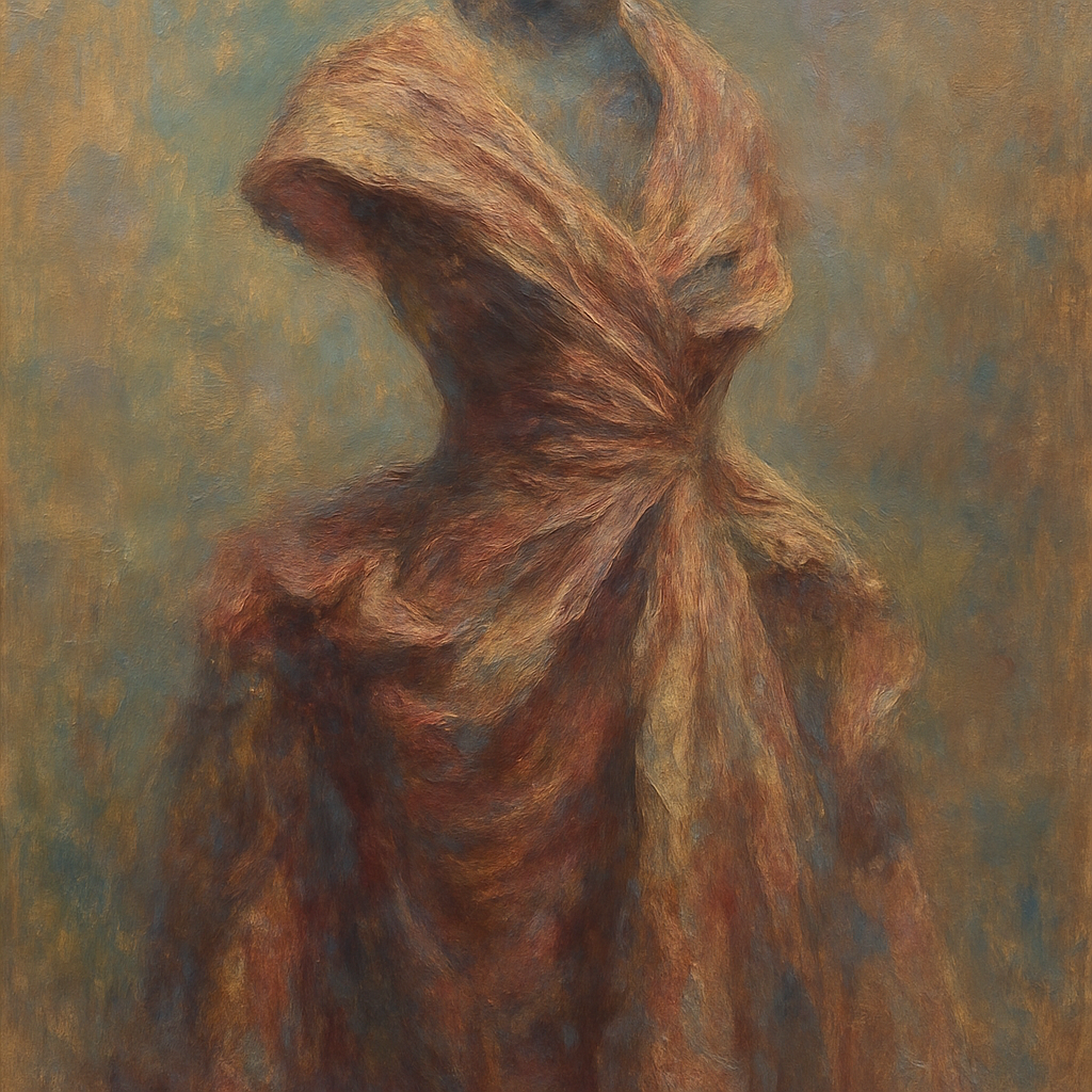 Een impressionistisch schilderij in Monet-stijl van een abstracte, golvende haute couture jurk met complexe drapering en een subtiele, structurele basis, weergegeven in rijke, gedempte kleuren. Het licht valt zachtjes op de stof, wat de texturen en onverwachte vormen benadrukt.